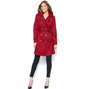 London Fog Burgundy Double-Breasted Hooded Lined Trench Coat Size XL
